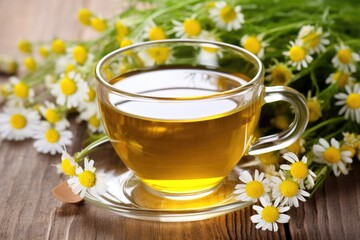 chamomile flowers and tea, an herbal relief for skin irritation - obrazy, fototapety, plakaty