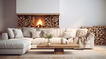 Photo of a cozy living room with a fireplace and comfortable couch