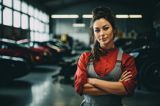 Confident attractive young sales woman standing by a brand new luxury car in her auto dealership showroom