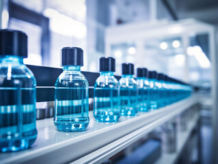 A pharmaceutical factory with a conveyor line delivering glass bottles for production.