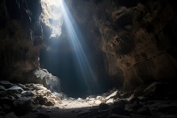 sunbeam illuminating a dark caves interior - obrazy, fototapety, plakaty