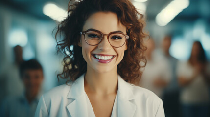 Beautiful young attractive female scientist wearing glasses and white lab coat, close up portrait