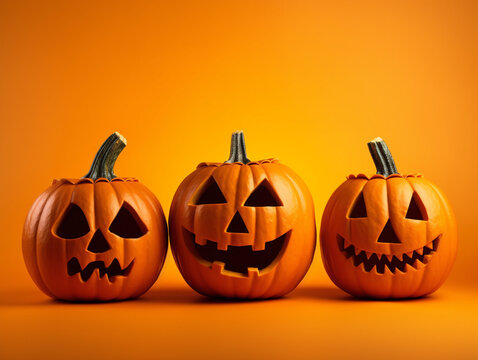 A close-up photo of eerie Halloween pumpkins displayed on an empty orange background.