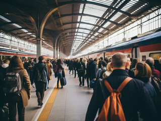 A vibrant snapshot of a lively train station bustling with passengers, captured with great depth.