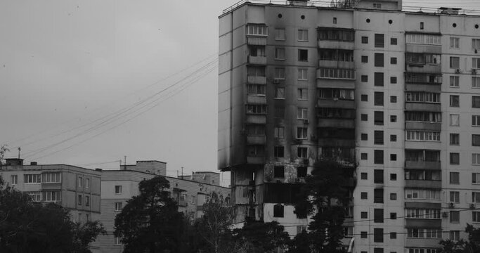  Multi-storey building damaged by explosion, Russian invasion of Ukraine, war in the Izrael Gaza Strip, Domestic gas explosion. Black and white
