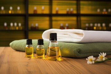 empty massage table with oils and towels in a spa
