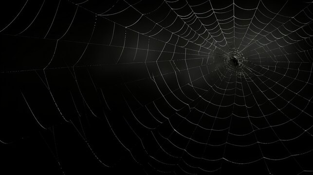 Photo of a spider web illuminated by a beam of light in the darkness