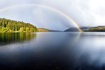 rain merging with a calm lake whilst a rainbow forms