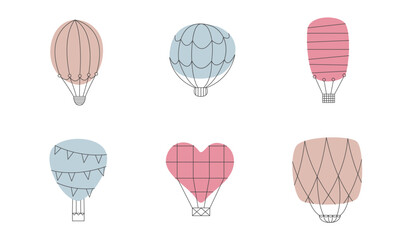 Set of hot air balloons. Retro transport in doodle style.