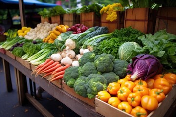 farmers market stall filled with freshly picked vegetables - obrazy, fototapety, plakaty