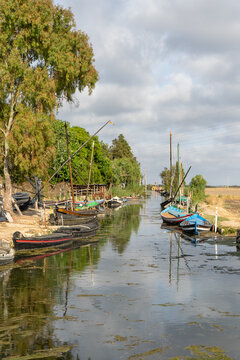 Traditional lateen sail fishing boats moored in a canal known as the port of Catarroja, near Valencia, Spain