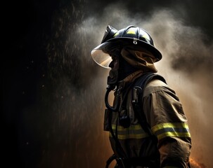 Brave Firefighter Battling the Flames in Dark Background, Fire Fighter Stock Photo