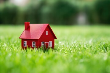 red miniature house on a green grass patch