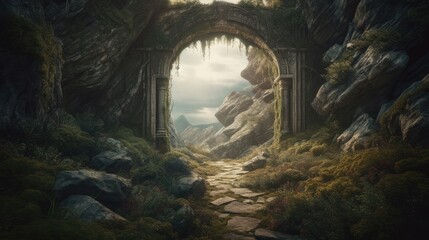 A photography capture of a fantasy landscape with a portal archway, AI Generative