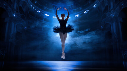 Gracefulness. Talented, artistic young woman, ballerina in motion, jumping, dancing on theater stage with spotlights. Concept of classical dance, art and grace, beauty, choreography, inspiration - obrazy, fototapety, plakaty