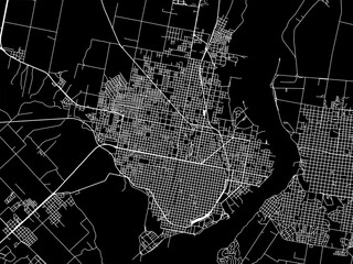 Vector road map of the city of  Concordia in Argentina with white roads on a black background.