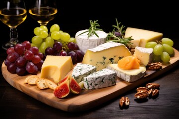 various types of cheese on a wooden cheese board