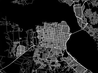 Vector road map of the city of  Posadas in Argentina with white roads on a black background.