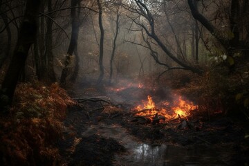 A gloomy and wet woodland, with waterlogged trees, showcasing a squirrel grasping a fiery flame overhead. Generative AI
