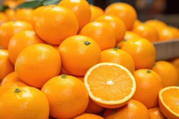 pile of ripe oranges on a market stall