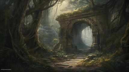 A illustration of a fantasy landscape with a portal archway, AI Generative