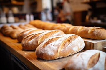 freshly baked bread on the counter of a bakery