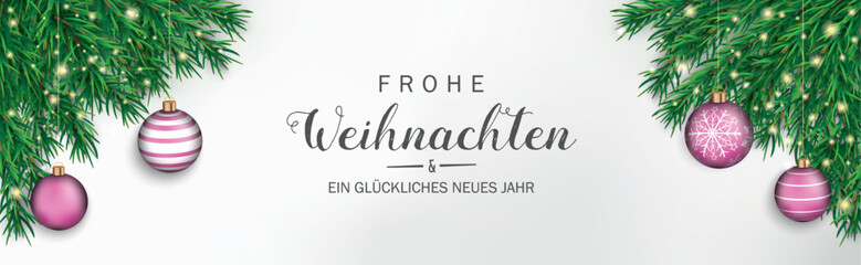 Frohe Weihnachten Banner mit Tannenzweigen und rosa Weihnachtskugeln