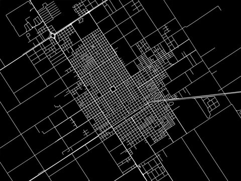 Vector road map of the city of  Venado Tuerto in Argentina with white roads on a black background.