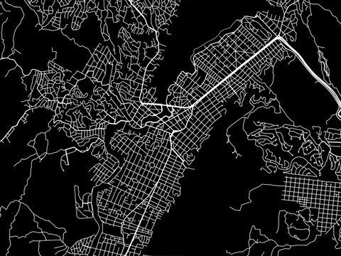 Vector road map of the city of  Villa Carlos Paz in Argentina with white roads on a black background.