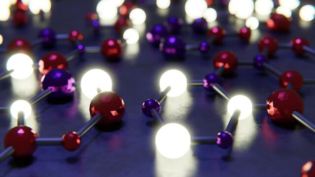 3d render animation of abstract randomly glowing decorative balls on a surface.