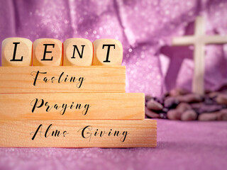 Lent Season,Holy Week and Good Friday concepts - Lent fasting praying alms giving text with purple...