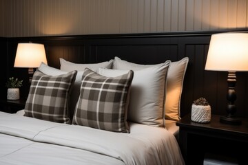 cozy arranged bedroom with plush throw pillows and side table lamps