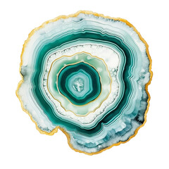 Emerald Green Agate Geode slice with golden edges, gemstone watercolor illustration isolated on transparent background PNG, crystal mineral