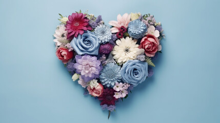 A heart made of flowers on a blue surface, soft pastel colors with organic form Romantic symbol for Valentines Day and Mother's Day