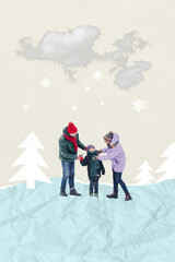 Retro magazine collage of funny charming family enjoying new year snowy time isolated colorful background