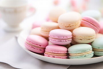 Fototapeta na wymiar Immerse yourself in the artistry of pastel-shaded macarons, showcasing delicate fillings and resting on a pure white plate, with emphasis on their textured peripheries.