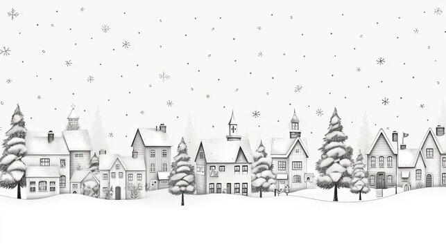 Winter city before Christmas, black and white watercolor card. Generative AI