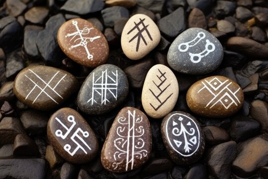 different runes drawn on pebbles