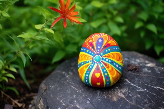 a hand-painted gratitude rock on a nature backdrop
