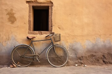 Fototapeta na wymiar one bicycle parked against a rustic wall