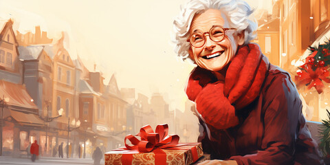 Happy senior woman in winter clothes with gift at Christmas city street background. Winter and New Year concept. Older people leading an active and fulfilling life. Illustration. Copy space, banner
