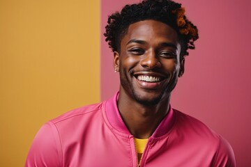 Obraz premium Ultra handsome young black man, smiling and laughing, wearing bright pink clothes on a solid yellow background. Generative AI.