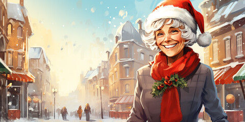 Senior woman in winter clothes at Christmas city street background. Winter and New Year holidays concept. Older people leading an active and fulfilling life.Illustration. Copy space for text