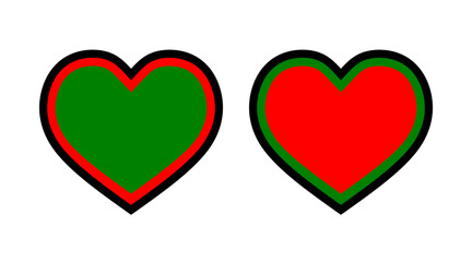 Black, red and green heart shape flat icons set. Love heart logos illustration vector isolated on white background.