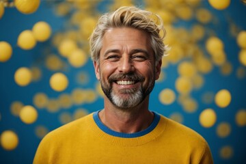 handsome bearded mid age man, blonde short hair, smiling and laughing, wearing yellow sweater. Bright monochrome solid yellow/blue background. Generative Ai. - obrazy, fototapety, plakaty