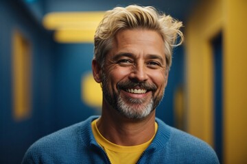 handsome bearded mid age man, blonde short hair, smiling and laughing, wearing blue sweater. Bright monochrome solid yellow/blue background. Generative Ai. - obrazy, fototapety, plakaty