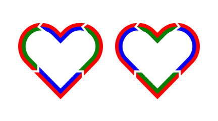 Red, blue and green arrow hearts icon set. Heart shape logos illustration vector isolated on white background.