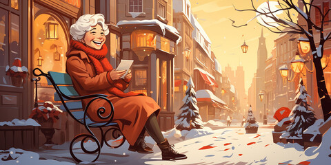Senior woman in winter clothes sitting on bench at Christmas city street background. Winter and New Year holidays concept. Older people leading an active and fulfilling life.Illustration. Copy space