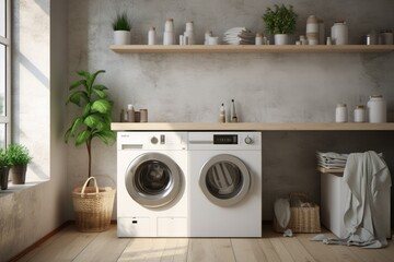 Interior of laundry room with modern washing machine at home - obrazy, fototapety, plakaty