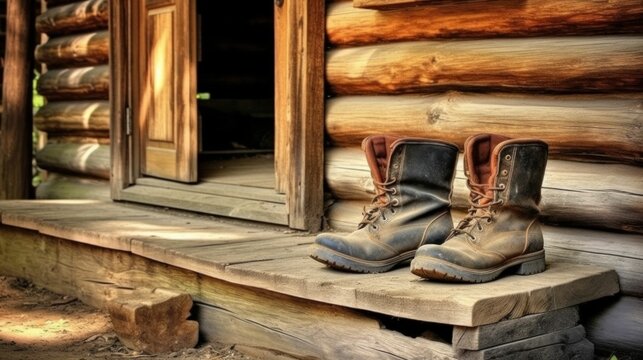 the boots are resting on a wooden bench outside the cabin